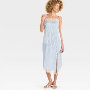 Lace Trim Midi Slip Dress Future Collective line in a blue striped pattern 1X
